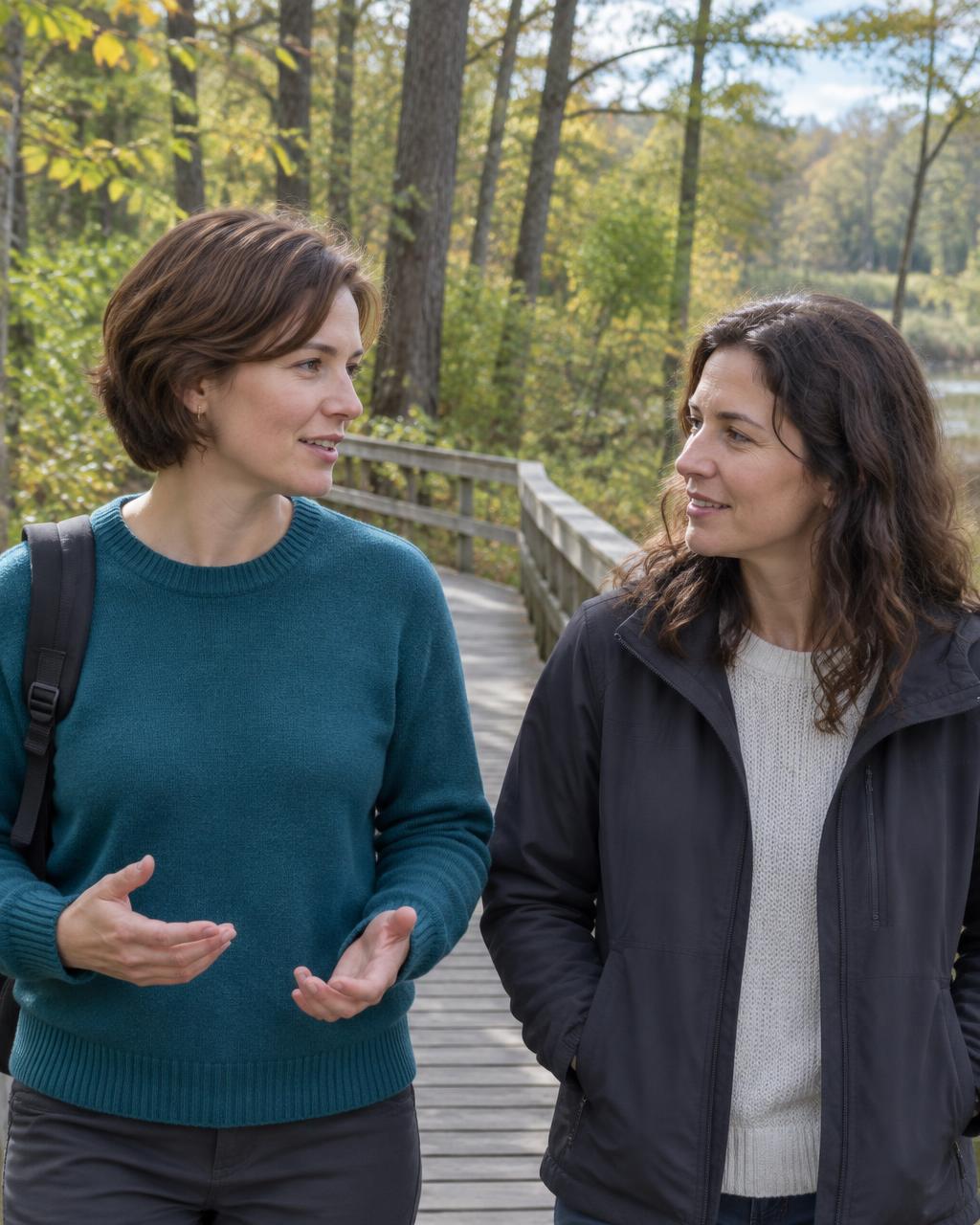 Illustrative candid scene of two adults talking on a wooded boardwalk.