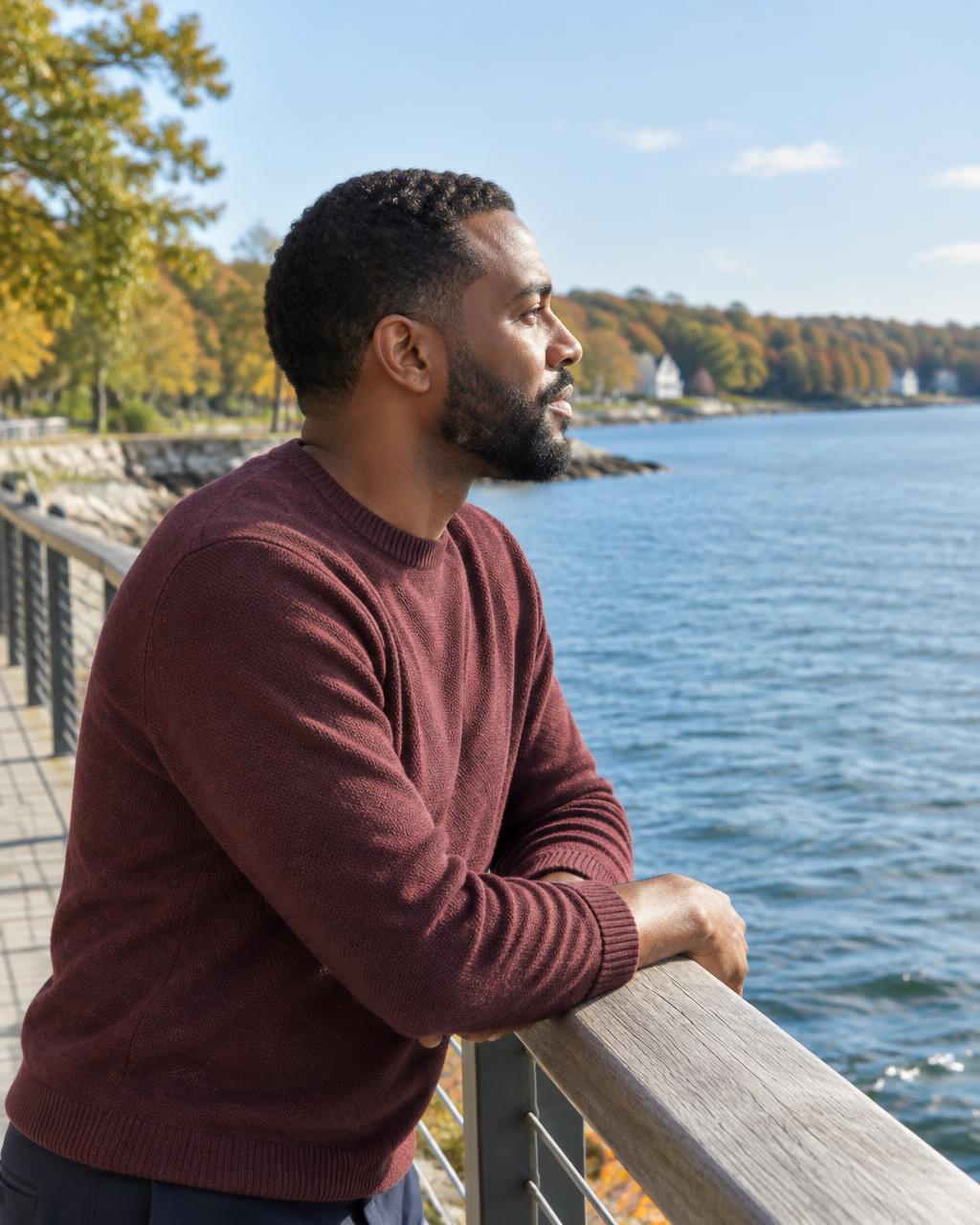 Illustrative candid scene of an adult looking across a lake from a walkway.