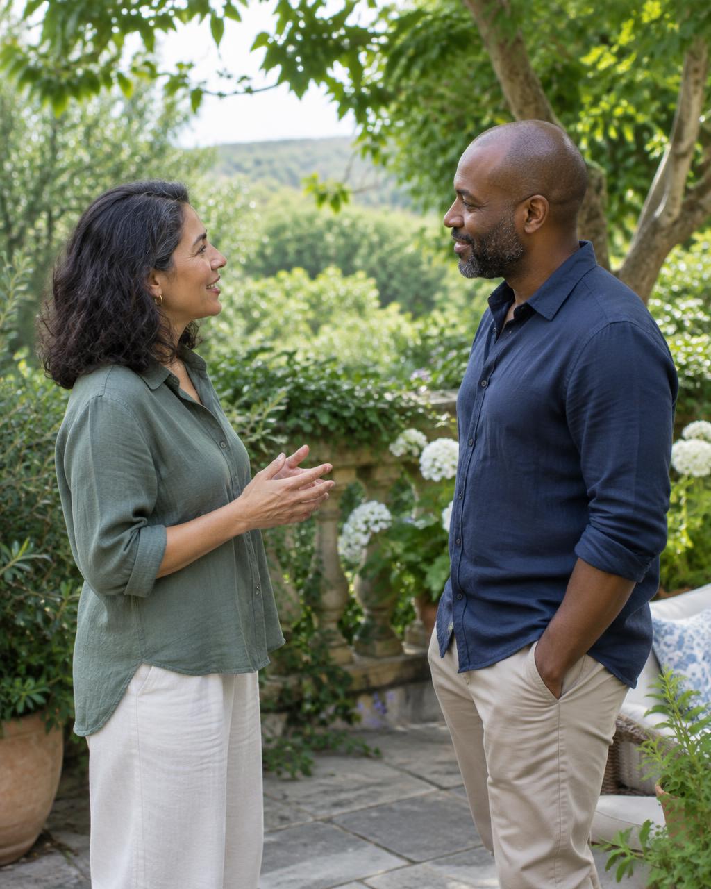 Illustrative candid scene of two adults talking on a leafy terrace.