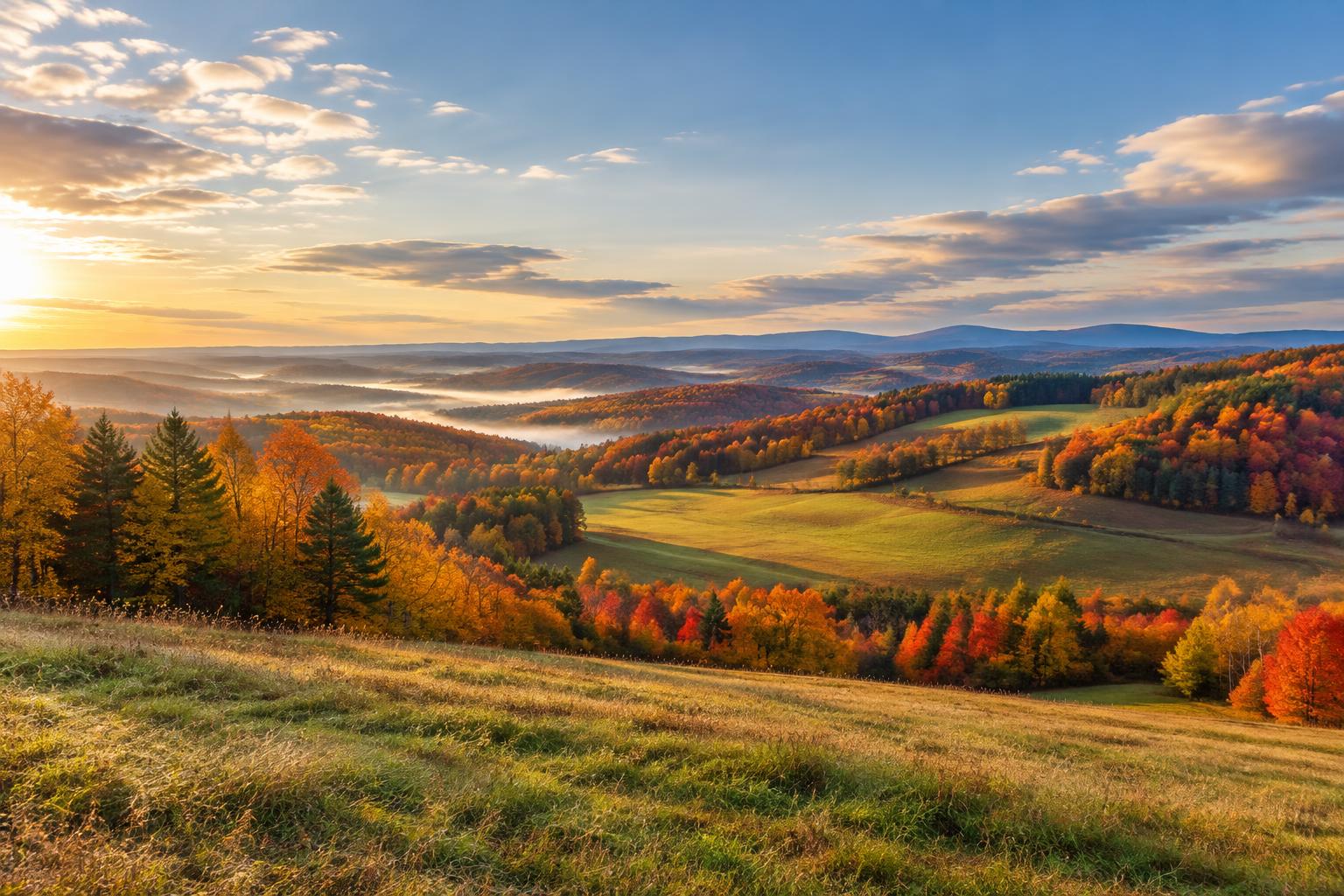 Illustrative open New England countryside with autumn woodland and meadows.