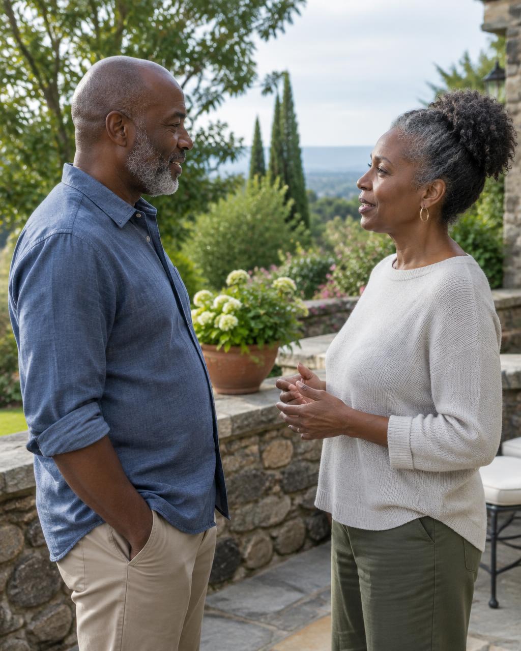 Illustrative candid scene of two adults talking on a stone terrace.