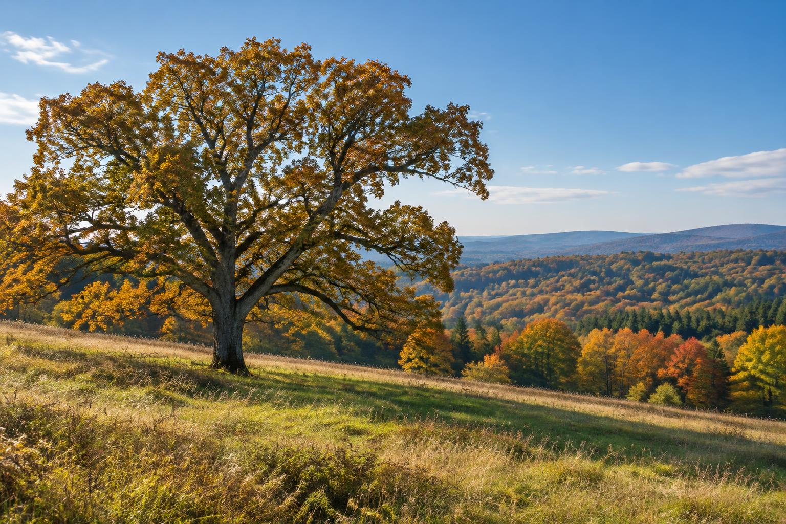 Illustrative spreading oak in a New England hillside meadow.
