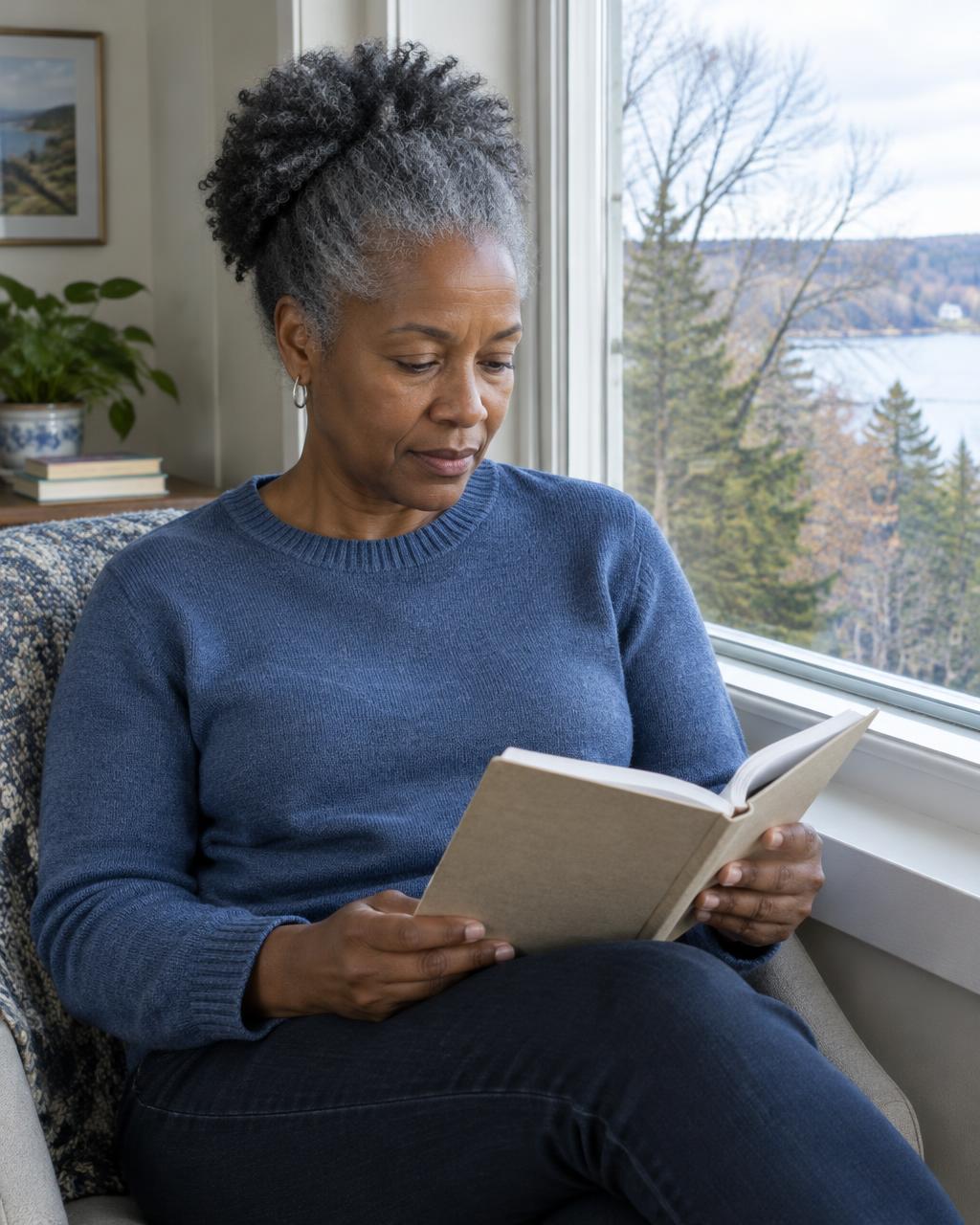 Illustrative candid scene of an adult reviewing a notebook beside a bright window.
