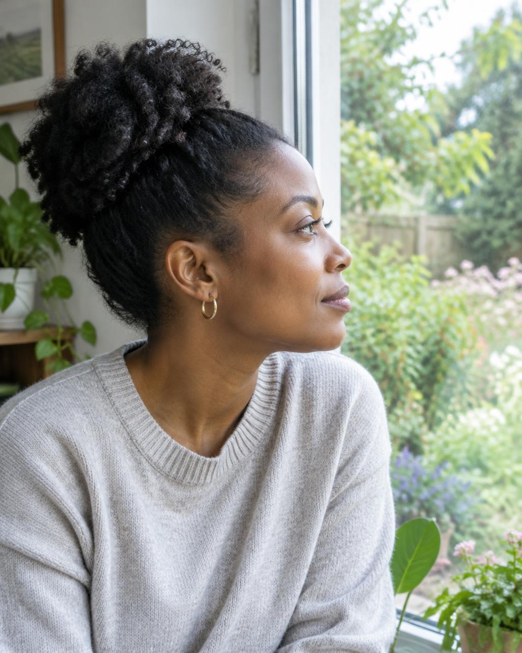Illustrative candid scene of an adult looking through a garden window.