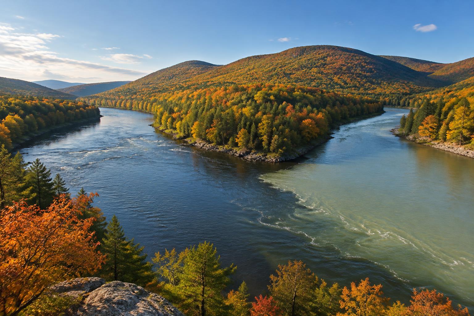 Illustrative autumn rivers joining below wooded New England hills.