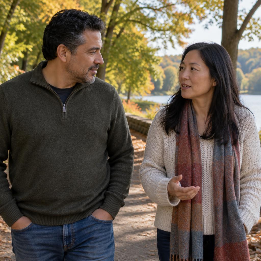 Illustrative candid scene of two adults talking on a sunlit park walk.