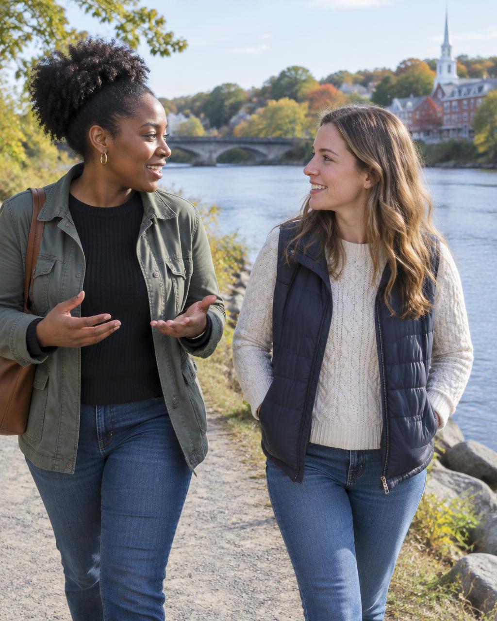 Illustrative candid scene of two adults talking beside a river.