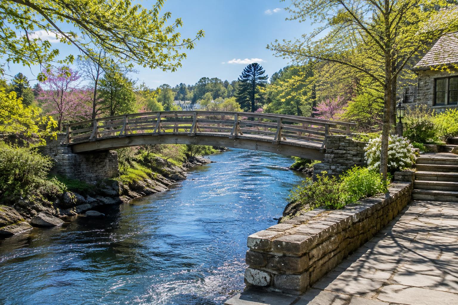 Illustrative New England wooden bridge across a sunlit river.