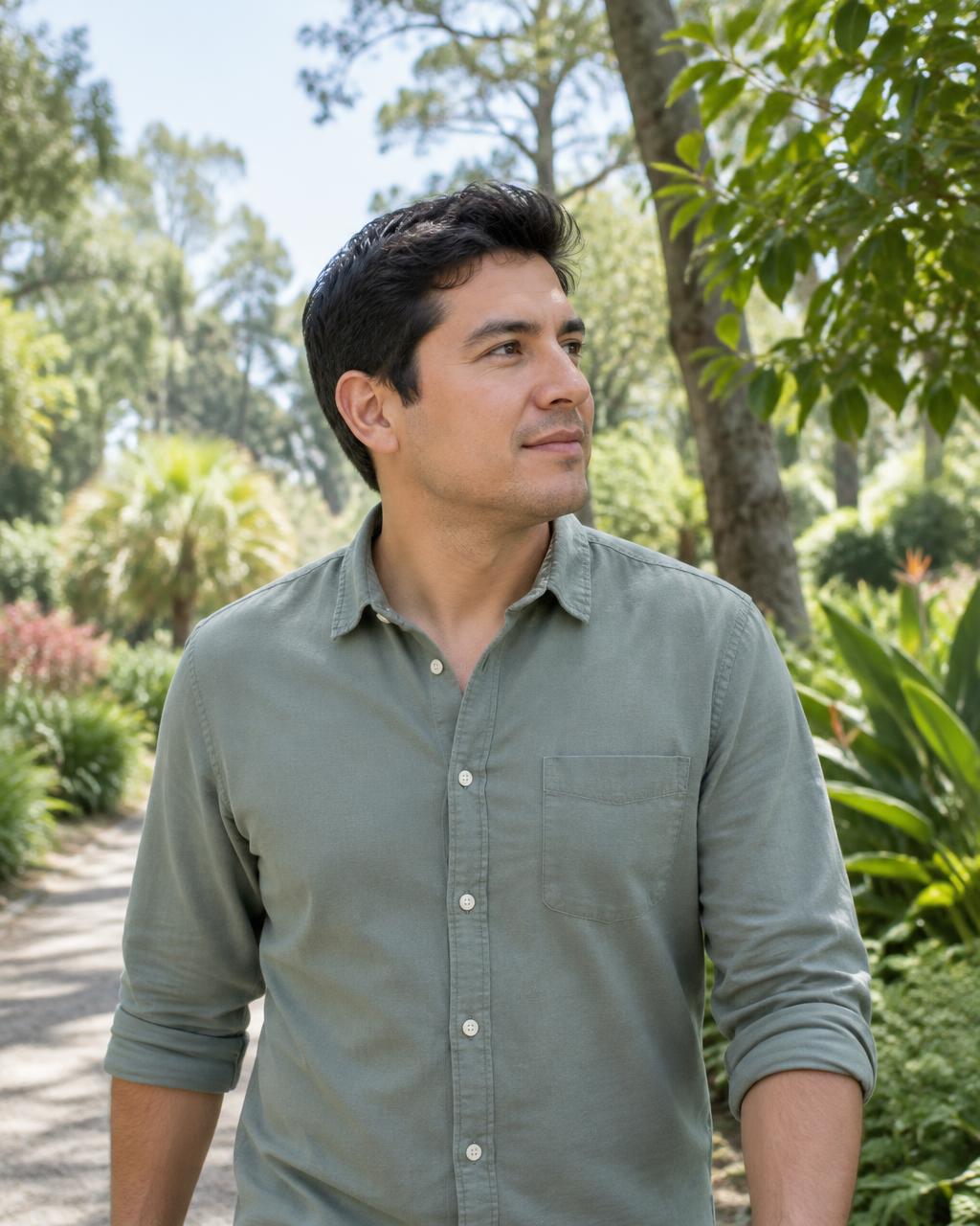 Illustrative candid scene of an adult looking at trees in a garden.