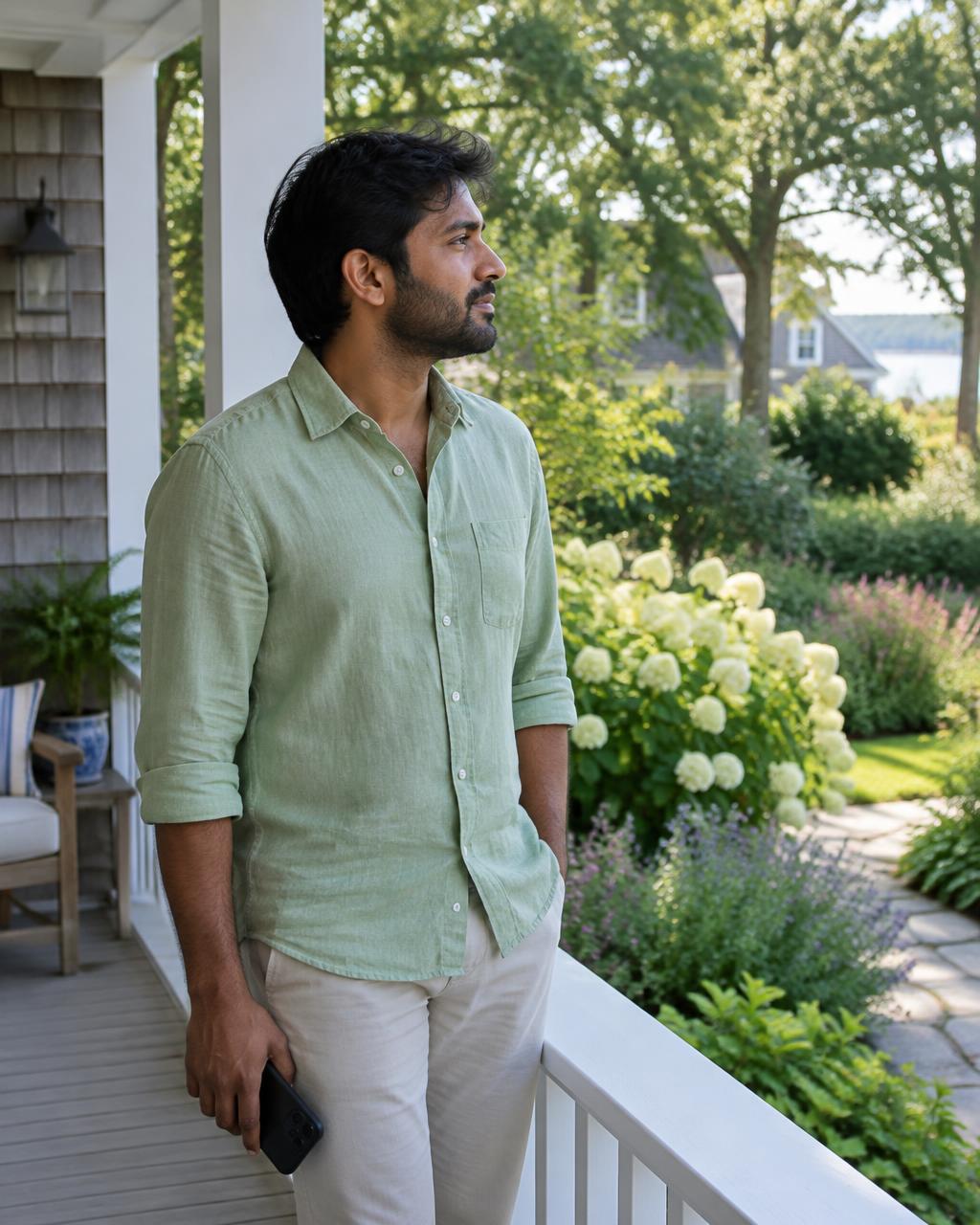Illustrative candid scene of an adult holding a phone beside a garden porch.