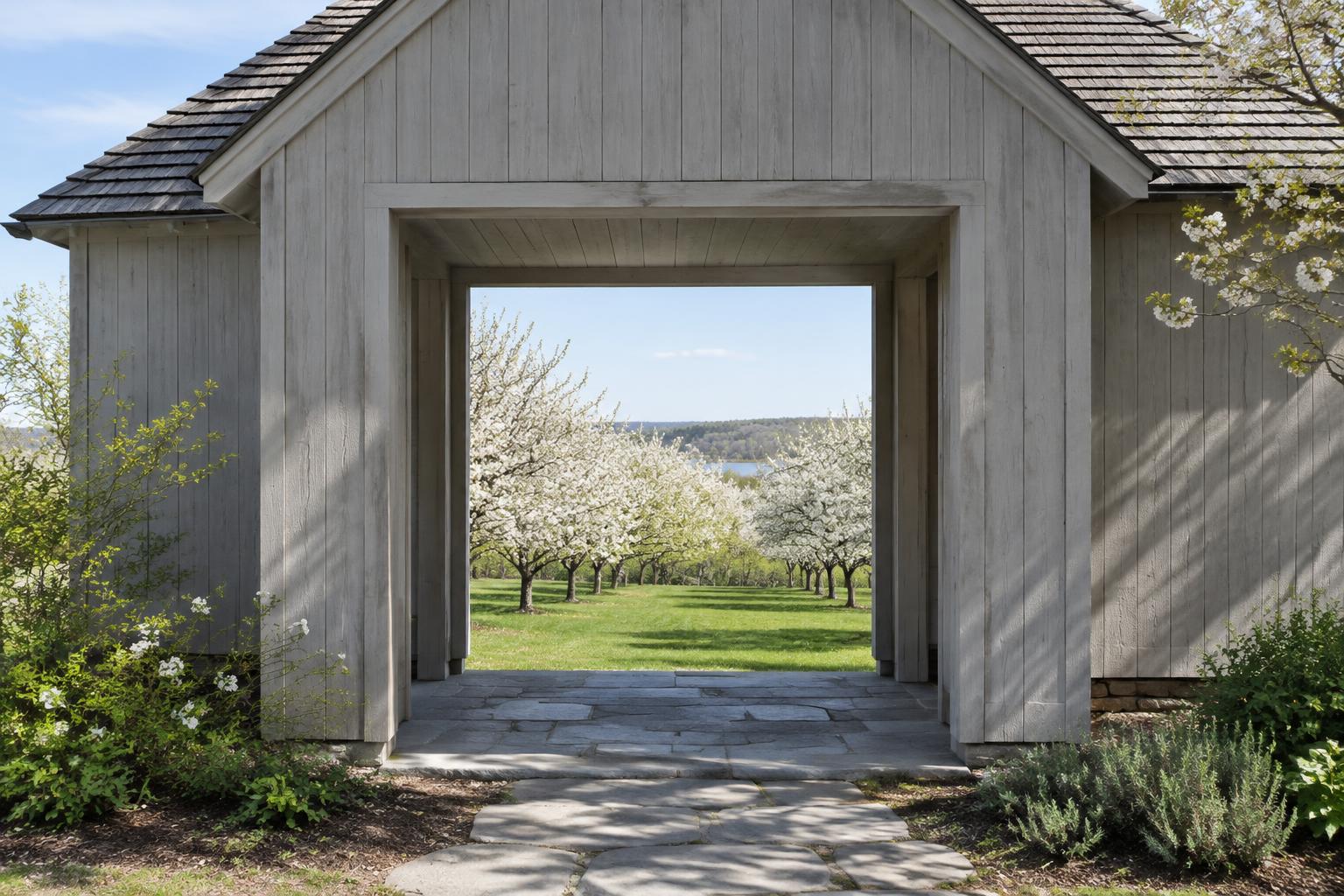 Illustrative New England timber pavilion opening toward an orchard.