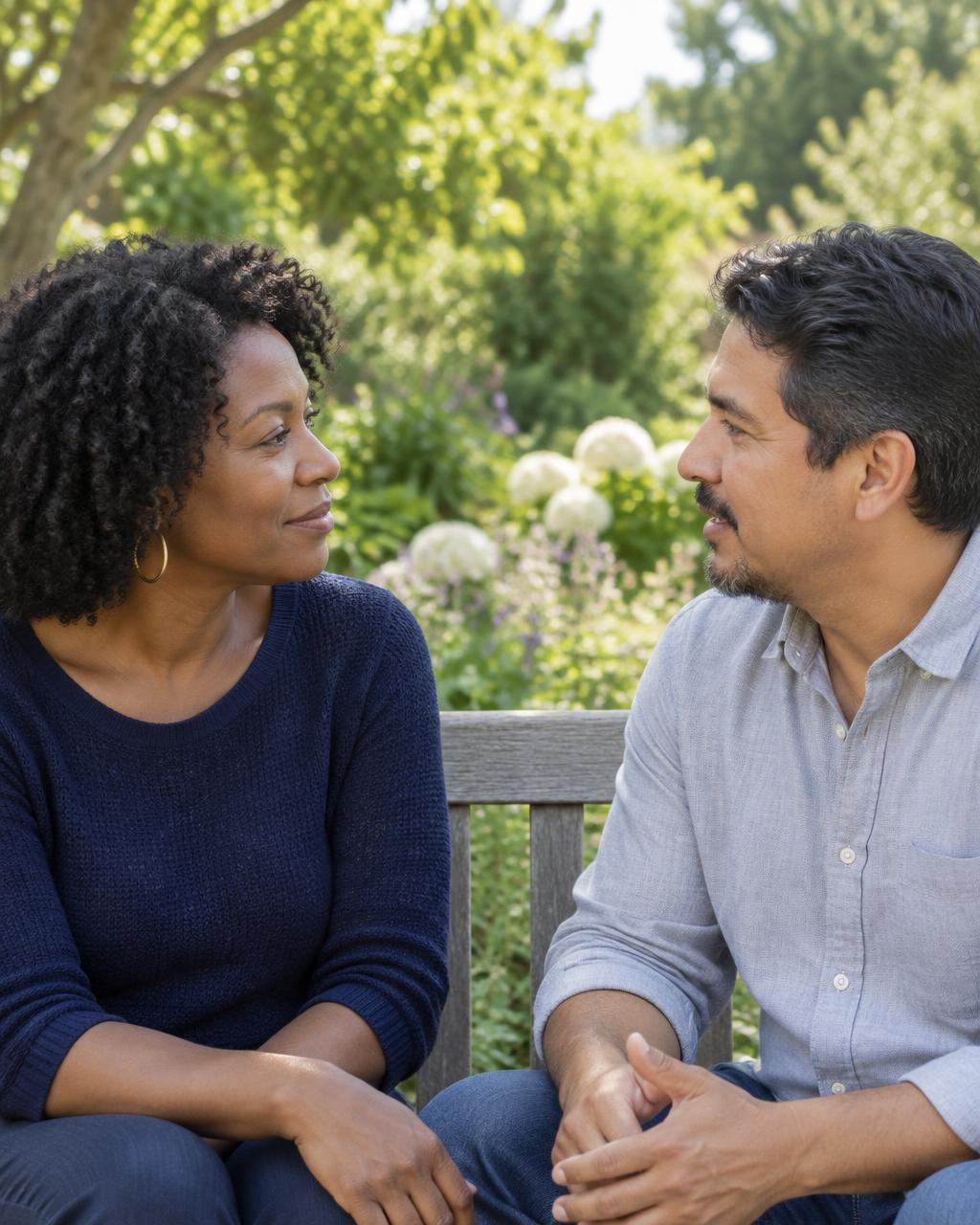 Illustrative candid scene of a couple talking on a garden bench.