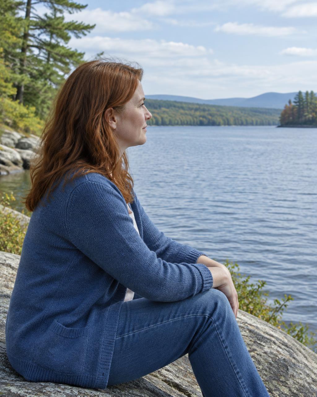 Illustrative candid scene of an adult looking across a lake.