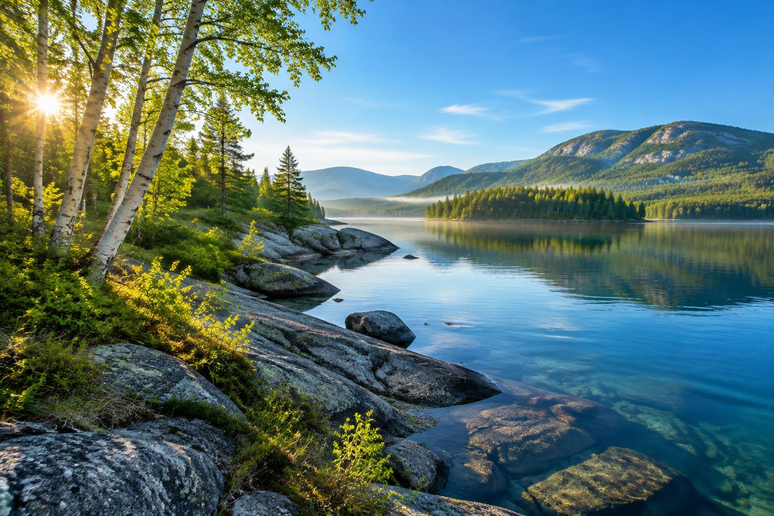 Illustrative New England birch grove beside a clear lake.