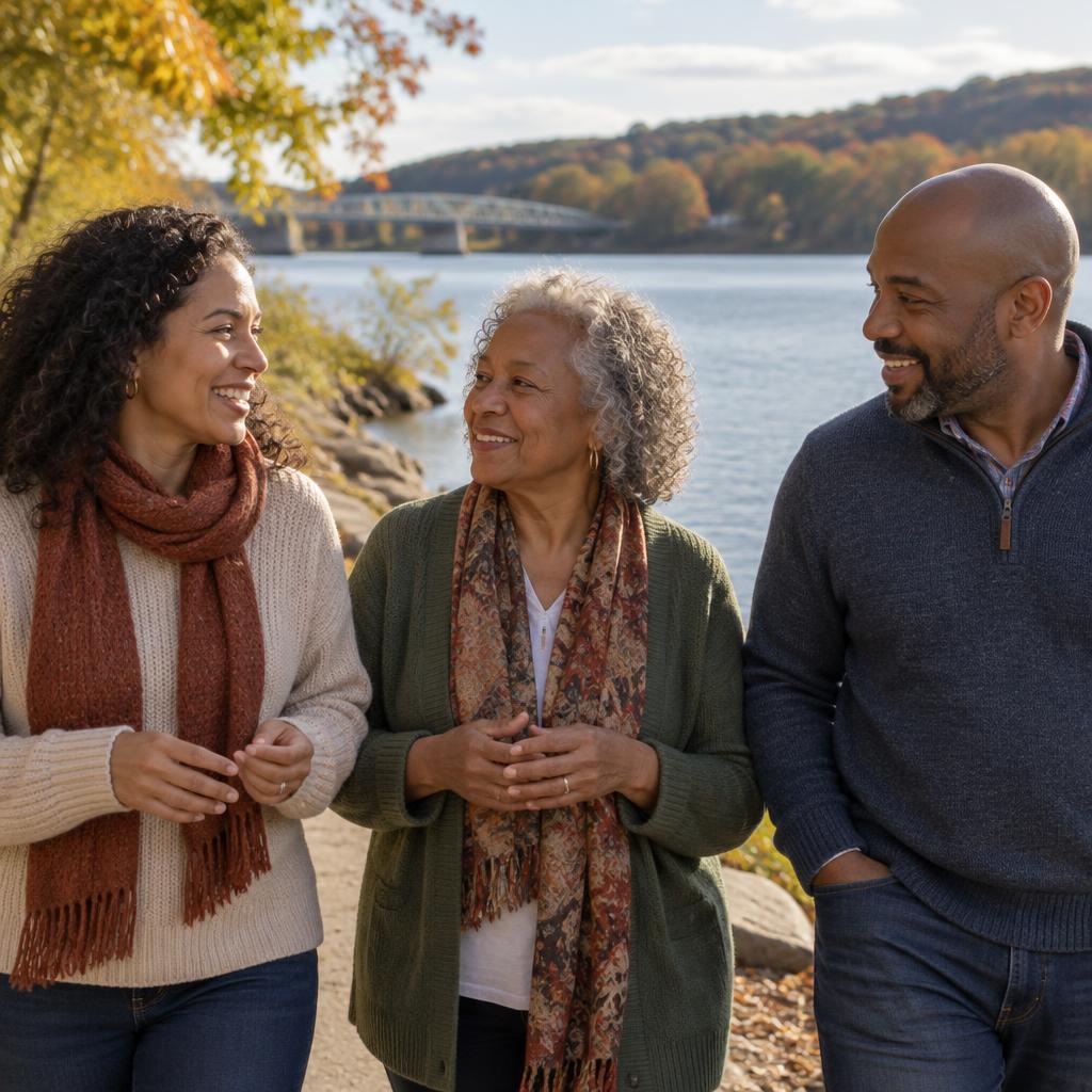 Illustrative candid scene of adults in a family talking beside a river.