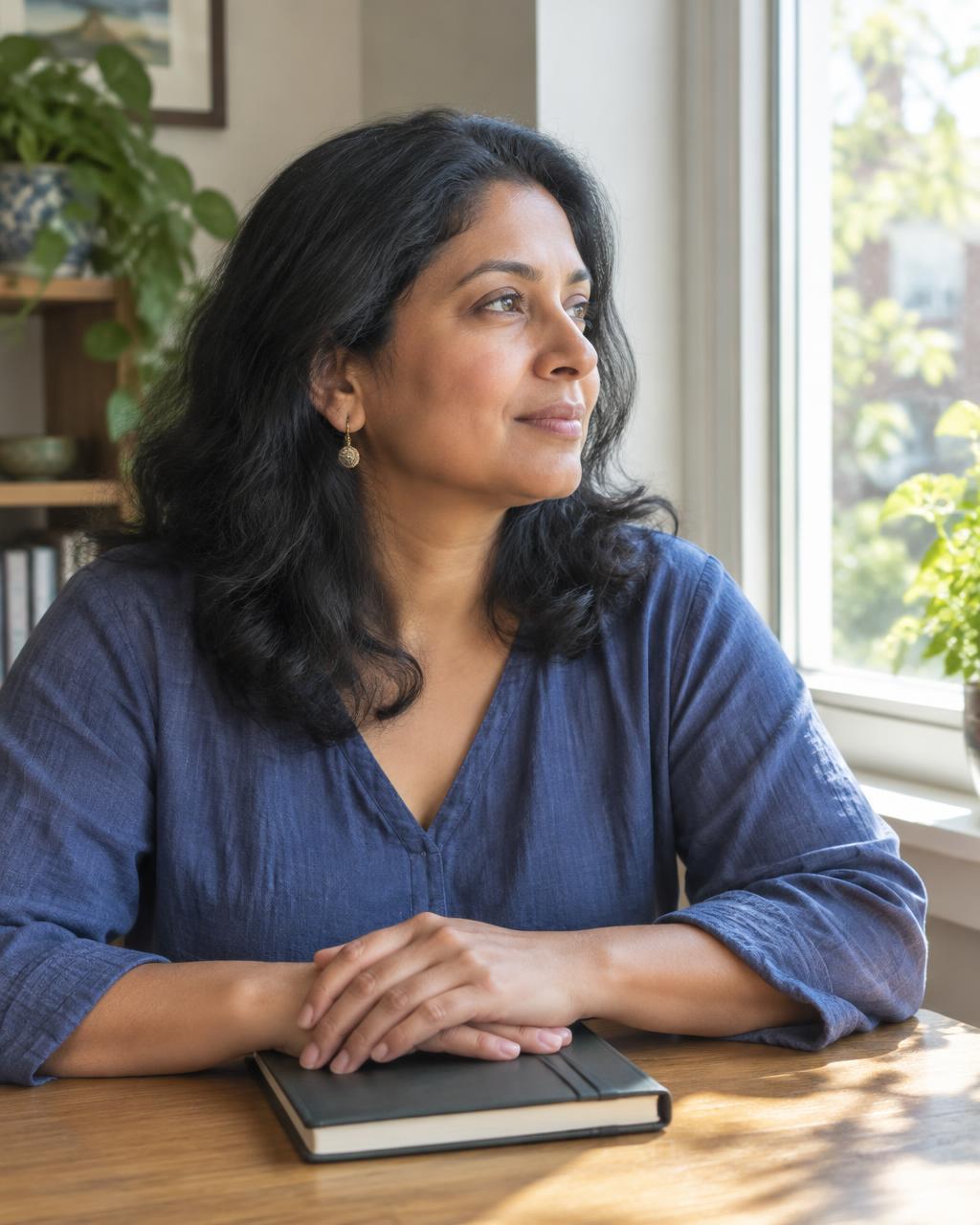 Illustrative candid scene of an adult seated by a window with a closed notebook.