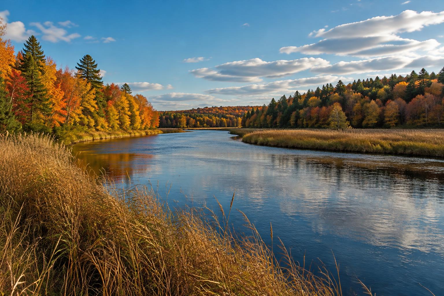 Illustrative New England river bend lined with reeds and fall foliage.