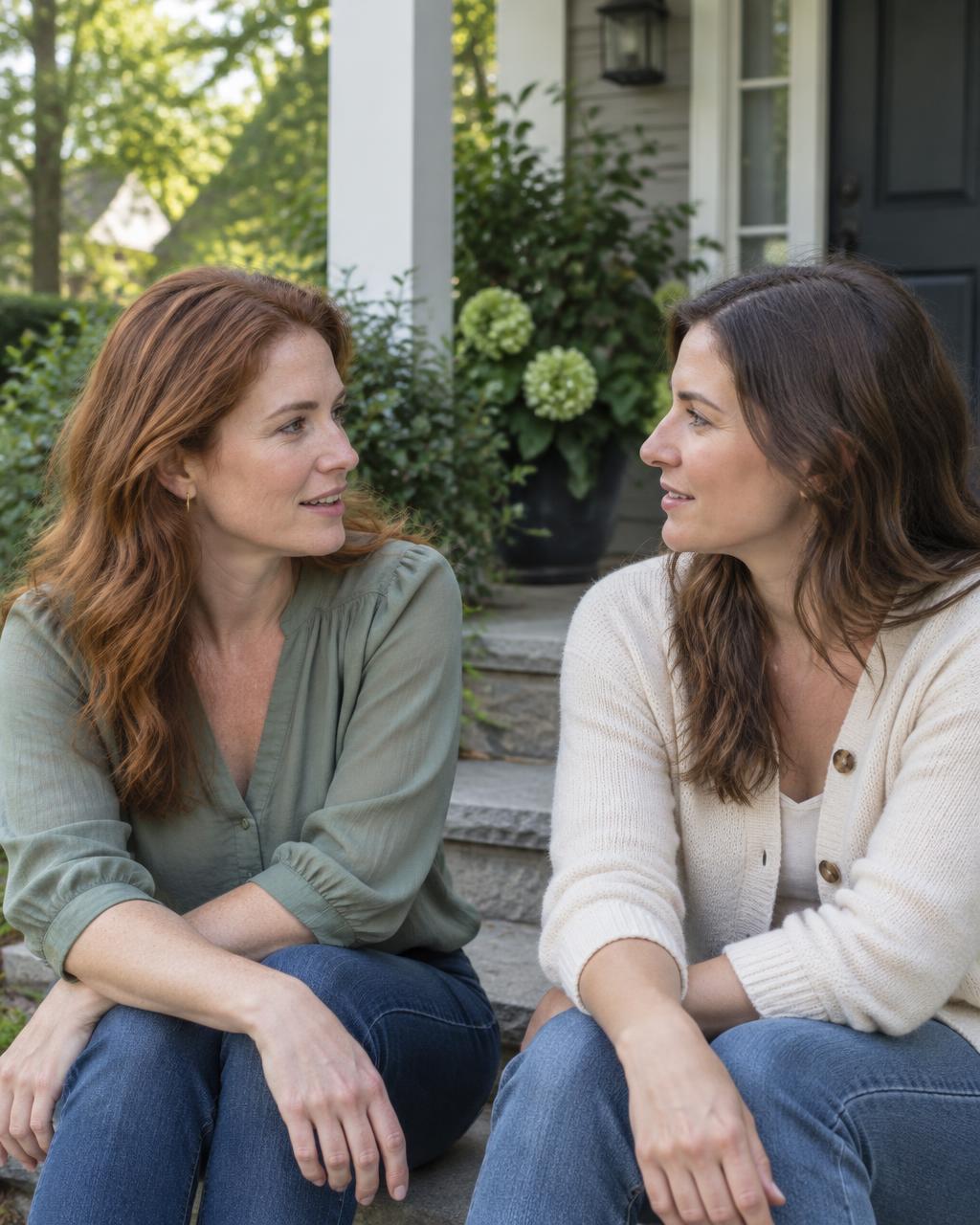 Illustrative candid scene of two adults talking on porch steps.