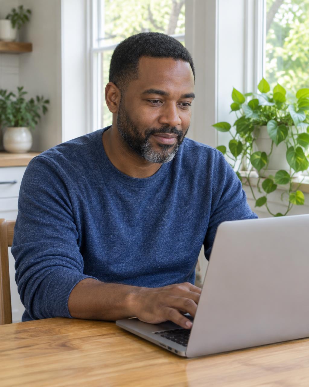 Illustrative candid scene of an adult using a laptop beside leafy windows.
