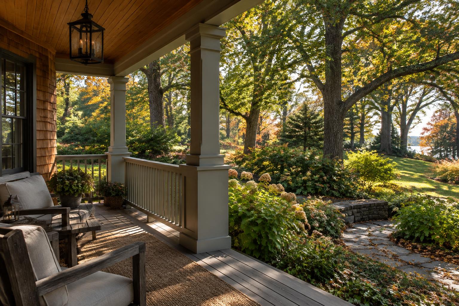 Illustrative cedar porch overlooking a leafy New England garden.