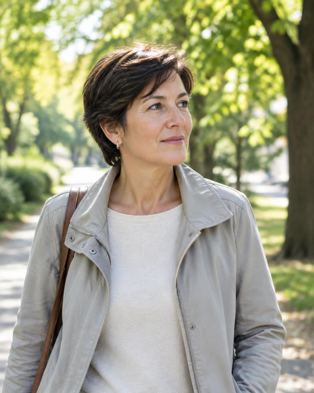 Illustrative candid scene of an adult walking beneath sunlit trees.