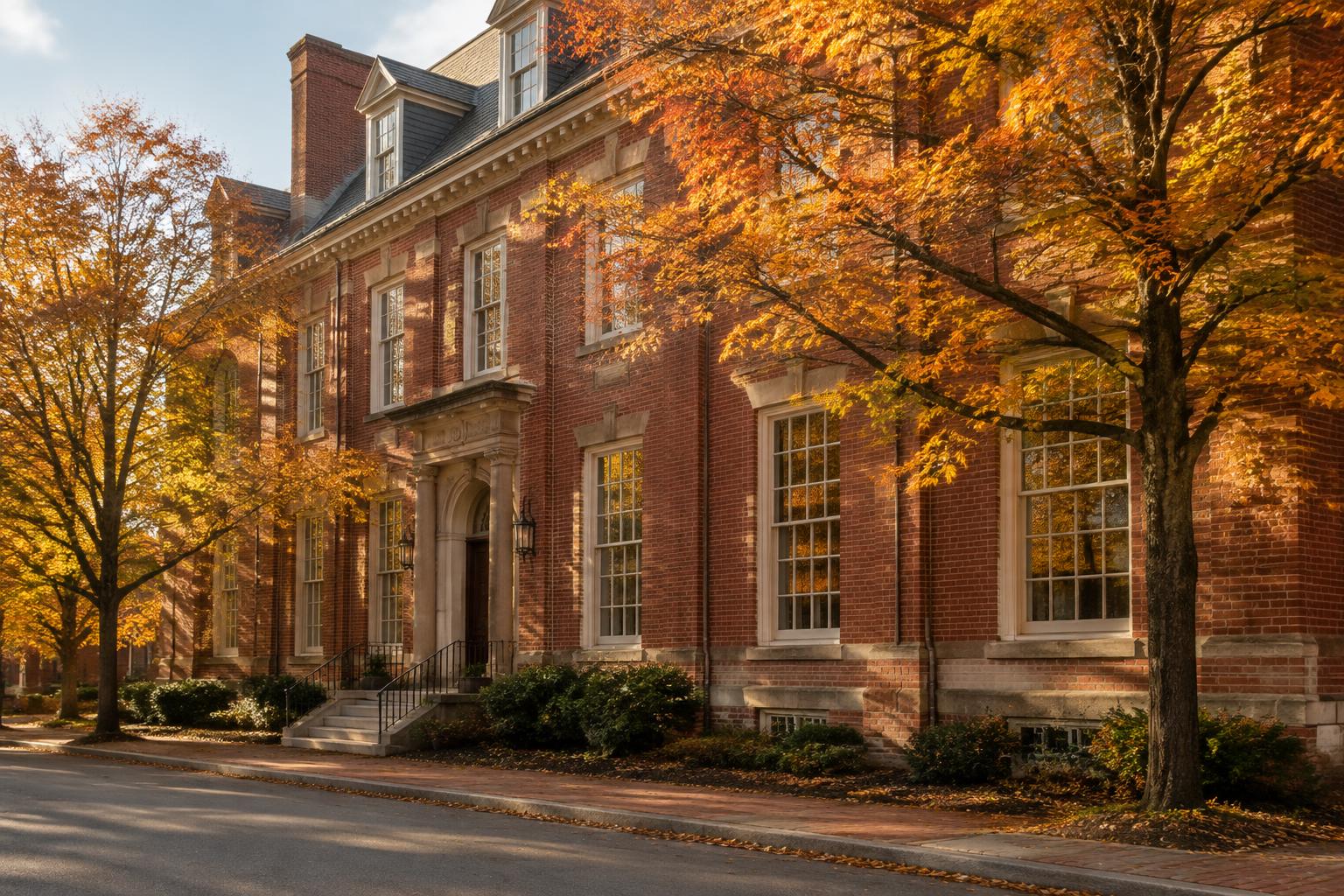 Illustrative anonymous New England brick architecture under autumn trees.