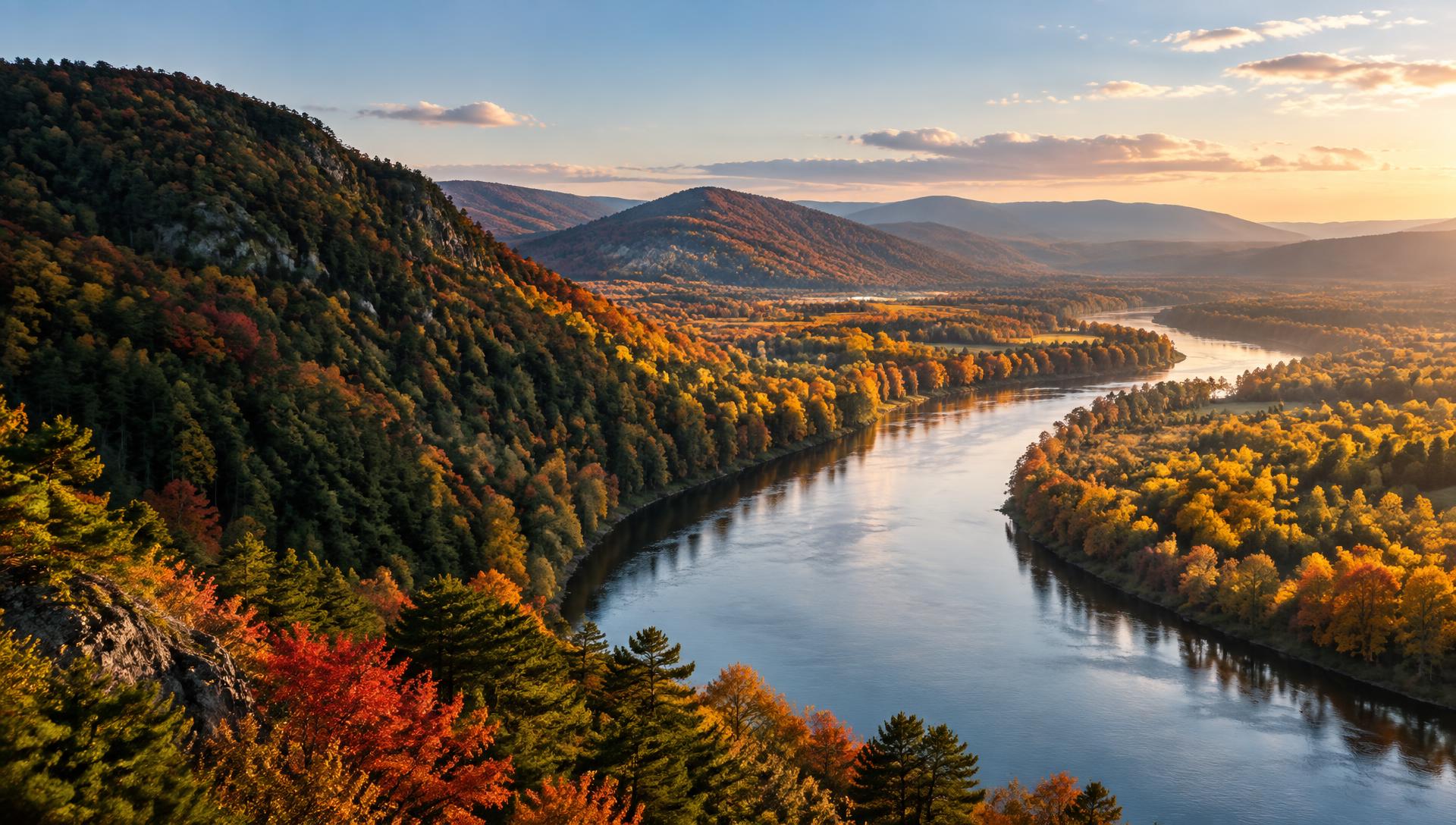 Warm autumn sunlight across a winding river and New England forest valley.