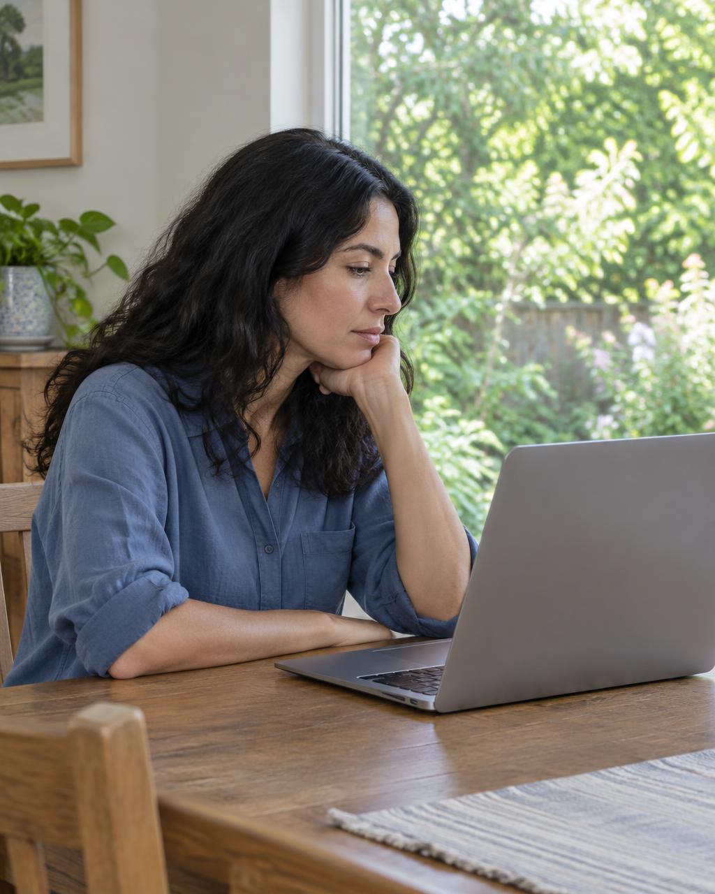 Illustrative candid scene of an adult using a laptop beside a sunny window.