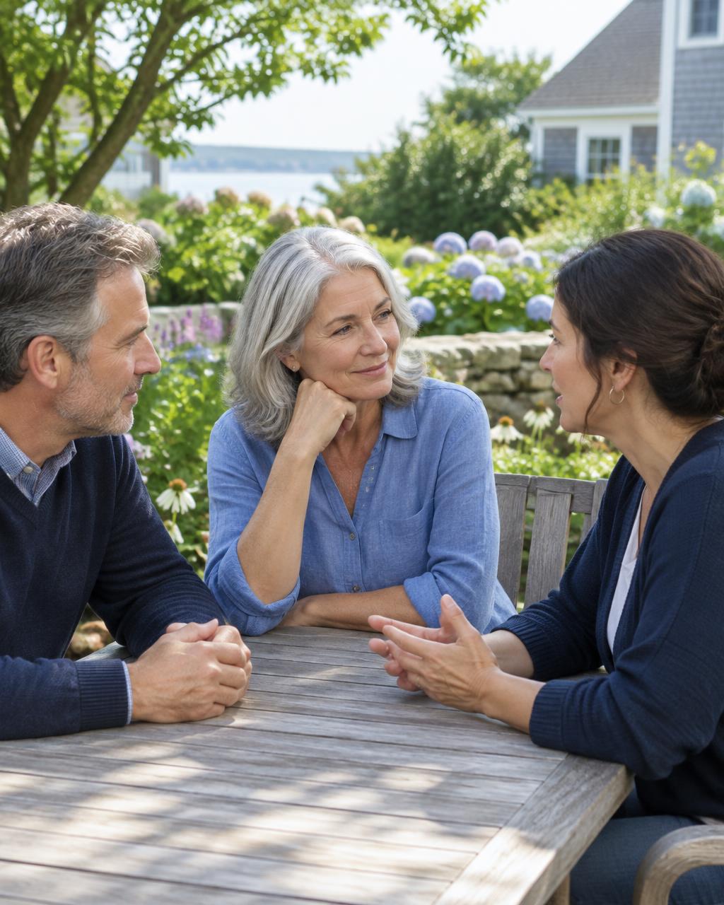 Illustrative candid scene of three adults talking around a patio table.
