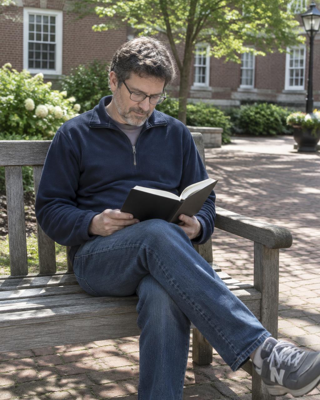 Illustrative candid scene of an adult reading in a brick courtyard.
