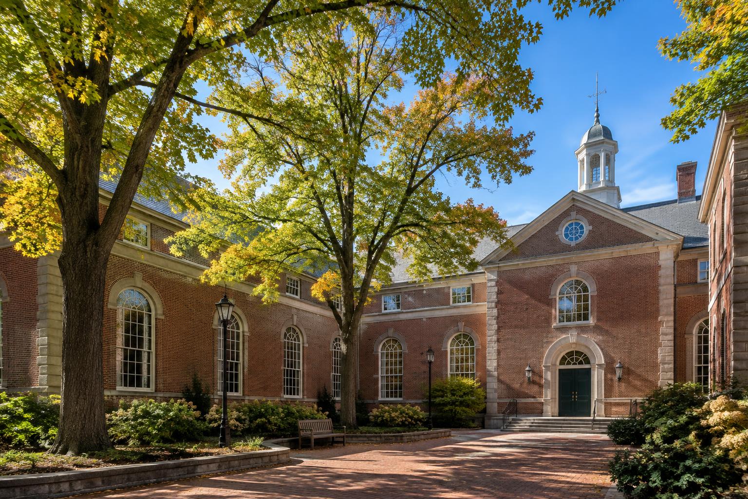 Illustrative New England brick courtyard with arched windows.