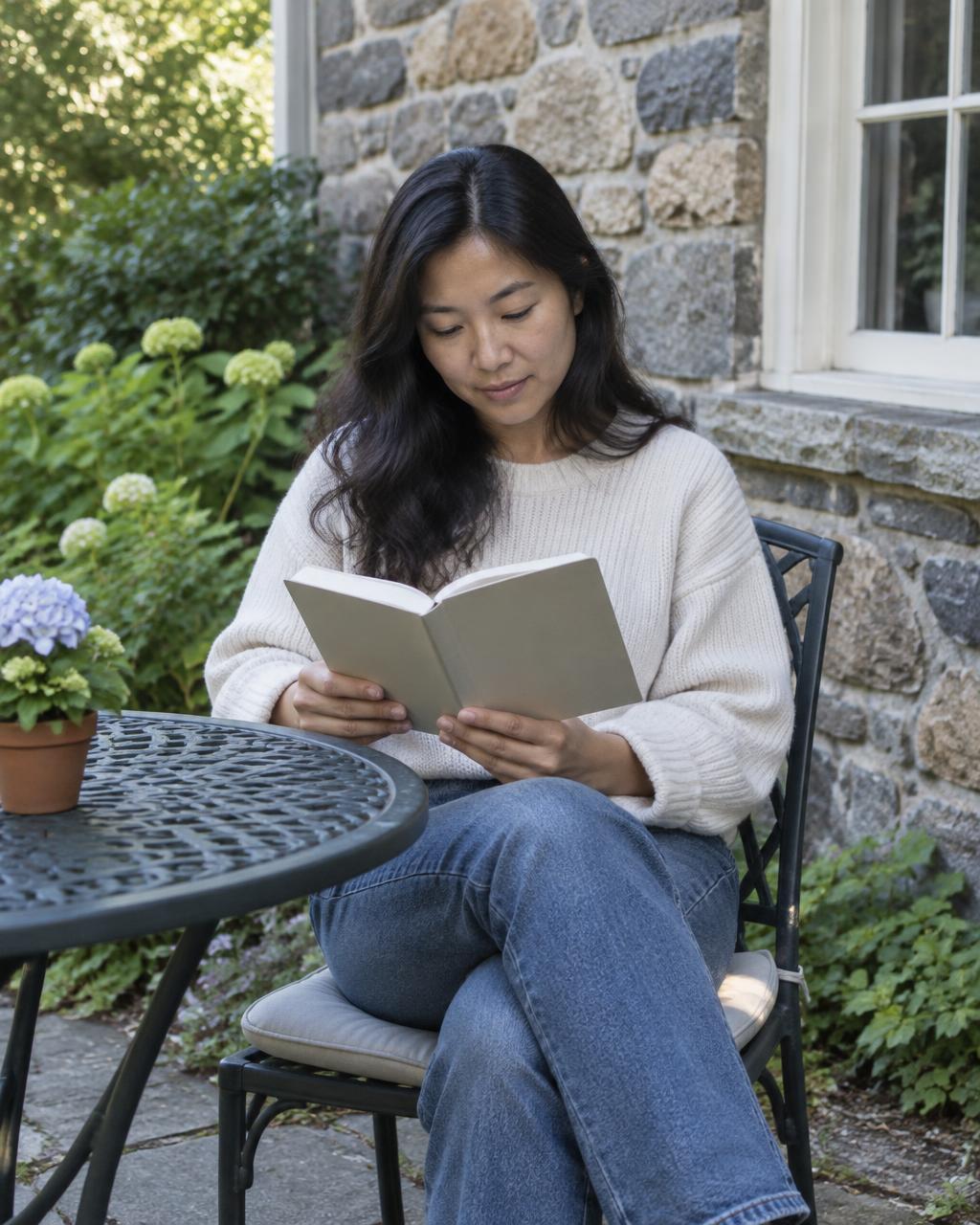 Illustrative candid scene of an adult reading in a sunlit garden.