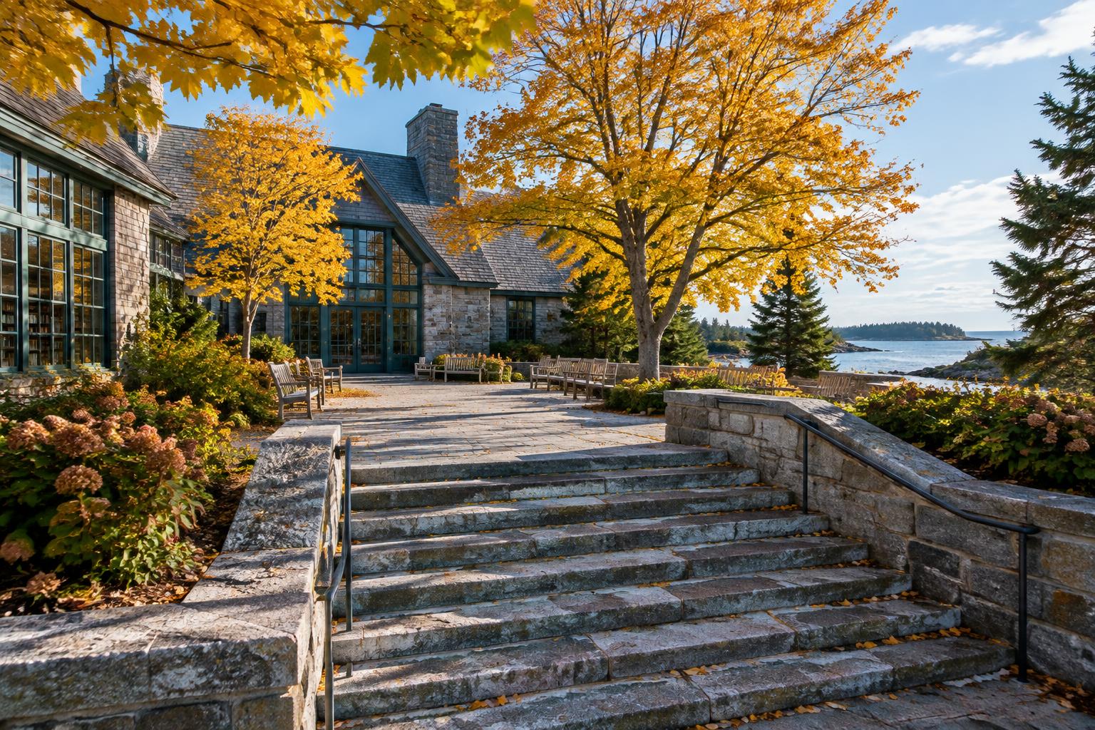 Illustrative New England stone courtyard beneath autumn maples.
