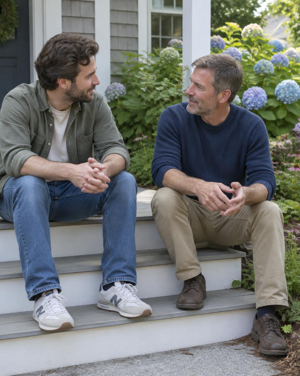 Illustrative candid scene of two adults talking on garden porch steps.
