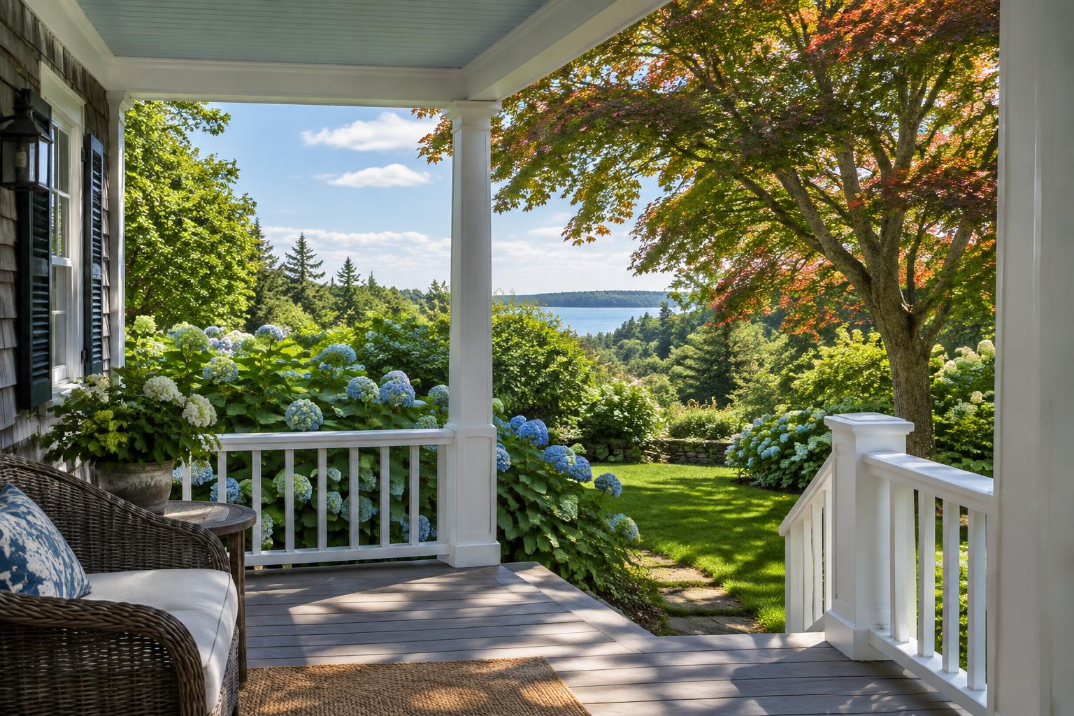 Illustrative New England garden seen from a clapboard porch.
