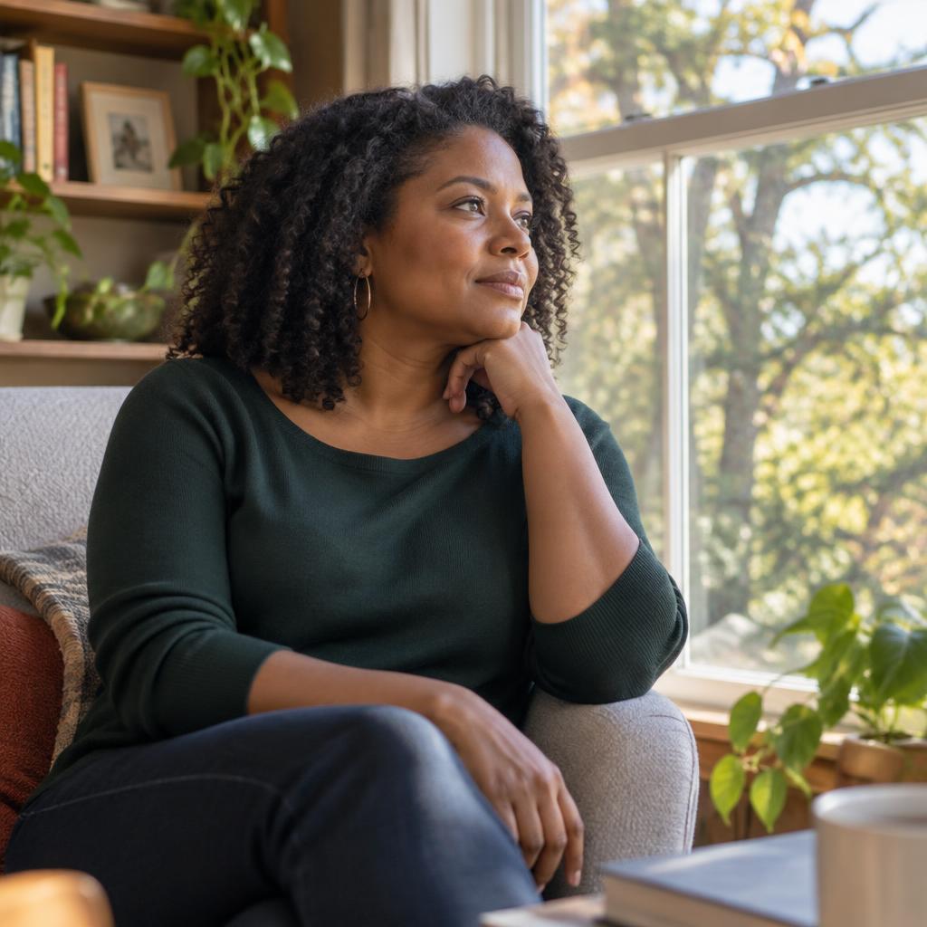 Illustrative candid scene of an adult looking out a warmly lit window.