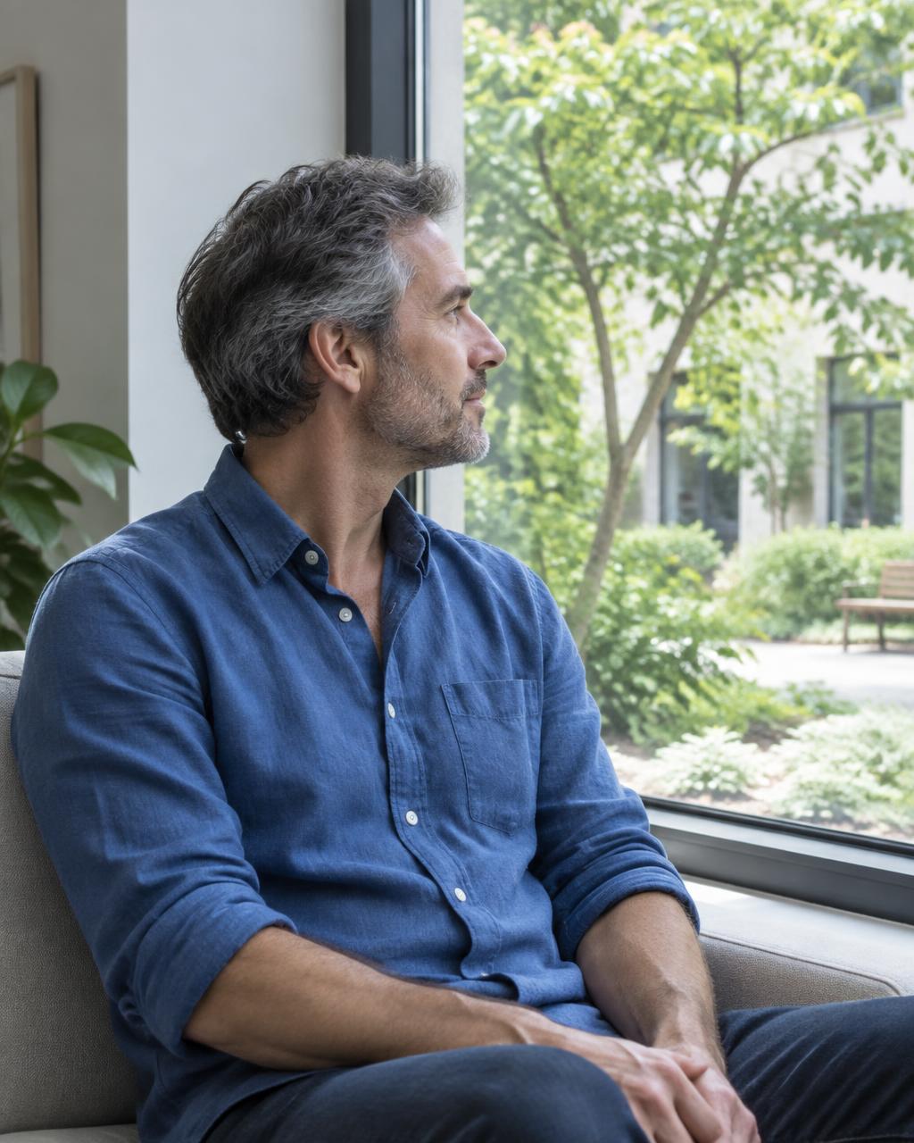 Illustrative candid scene of an adult looking toward a leafy courtyard.