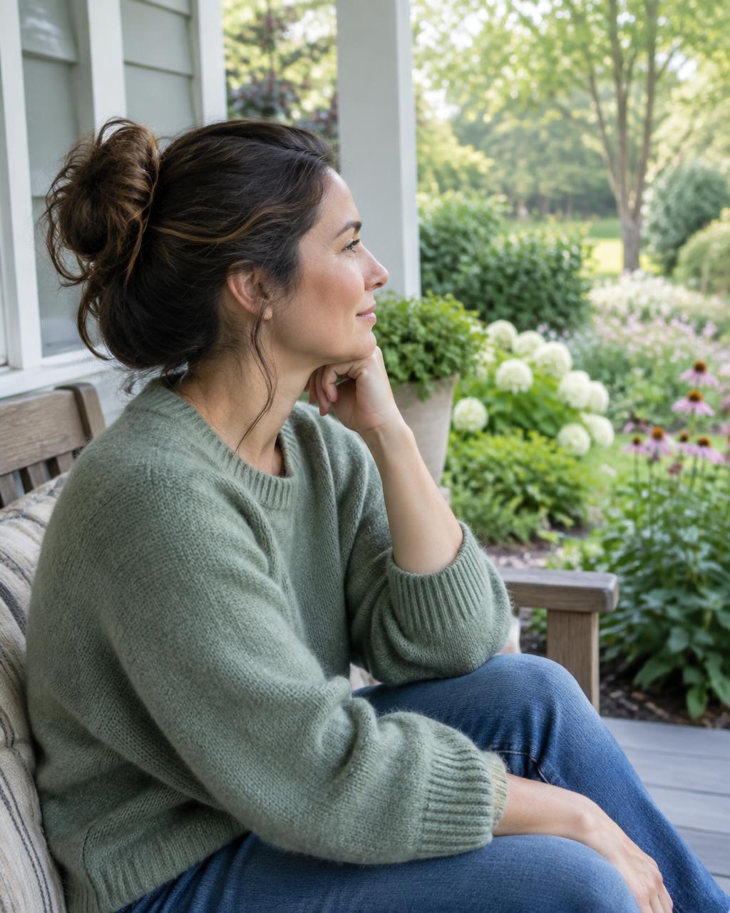 Illustrative candid scene of an adult sitting on a porch bench beside a garden.