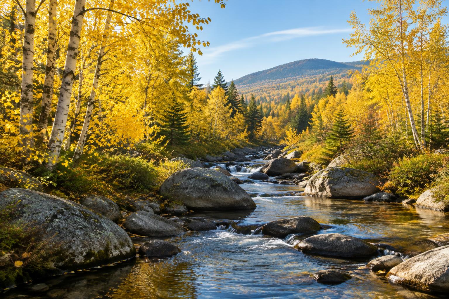 Illustrative New England brook among yellow birch trees.