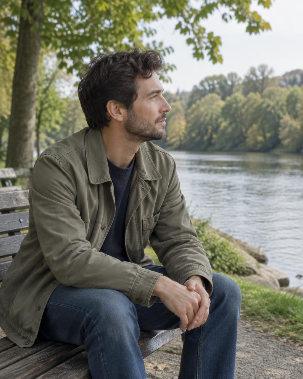 Illustrative candid scene of an adult looking toward trees from a riverside bench.