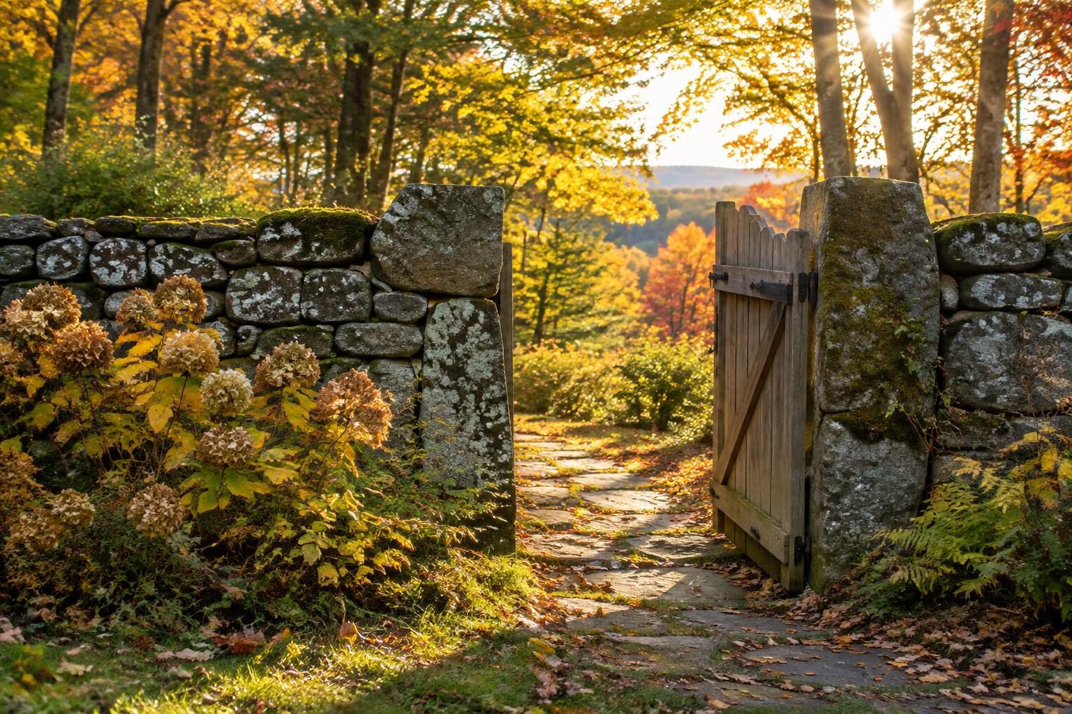 Illustrative New England stone wall and open garden gate.