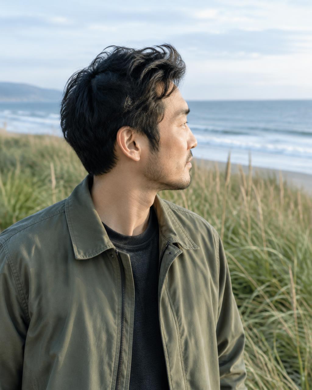 Illustrative candid scene of an adult looking across coastal grasses.