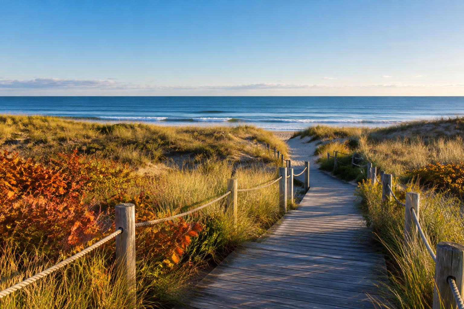 Illustrative New England dune boardwalk opening toward the ocean.