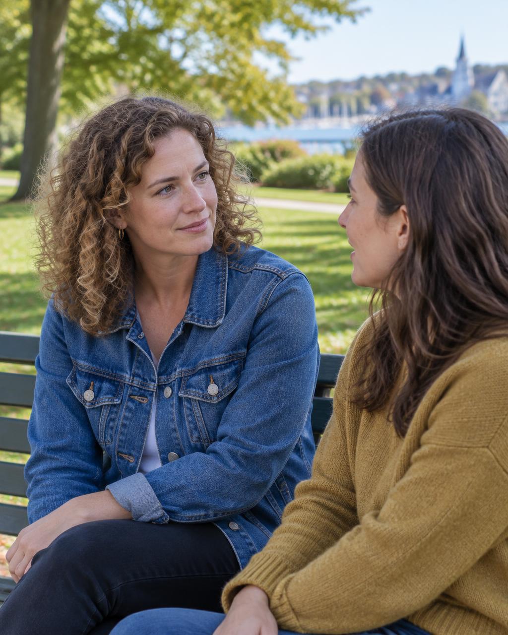 Illustrative candid scene of two adults talking on a park bench.