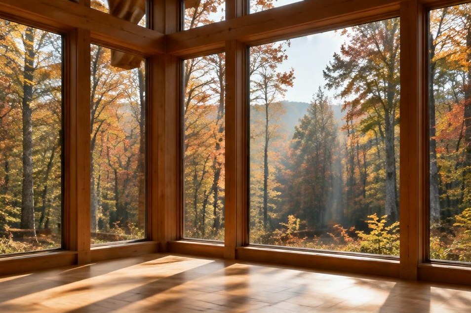 Warm sunlight through timber-framed windows overlooking autumn woods.
