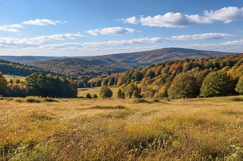 An open New England meadow below rolling forested hills.
