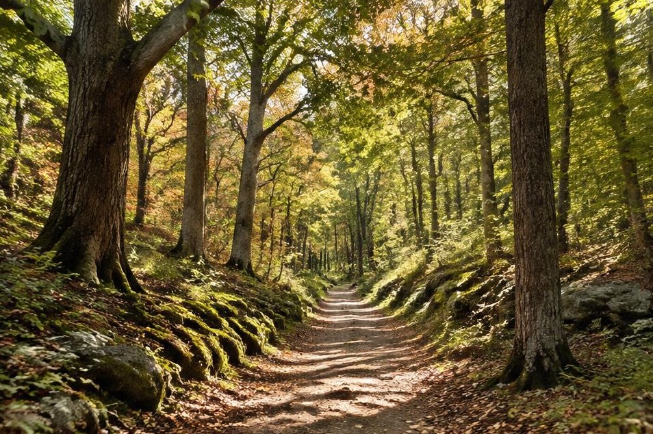 Soft directional light along an oak woodland trail.