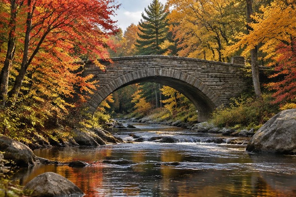 A stone bridge over a quiet stream among autumn maples.