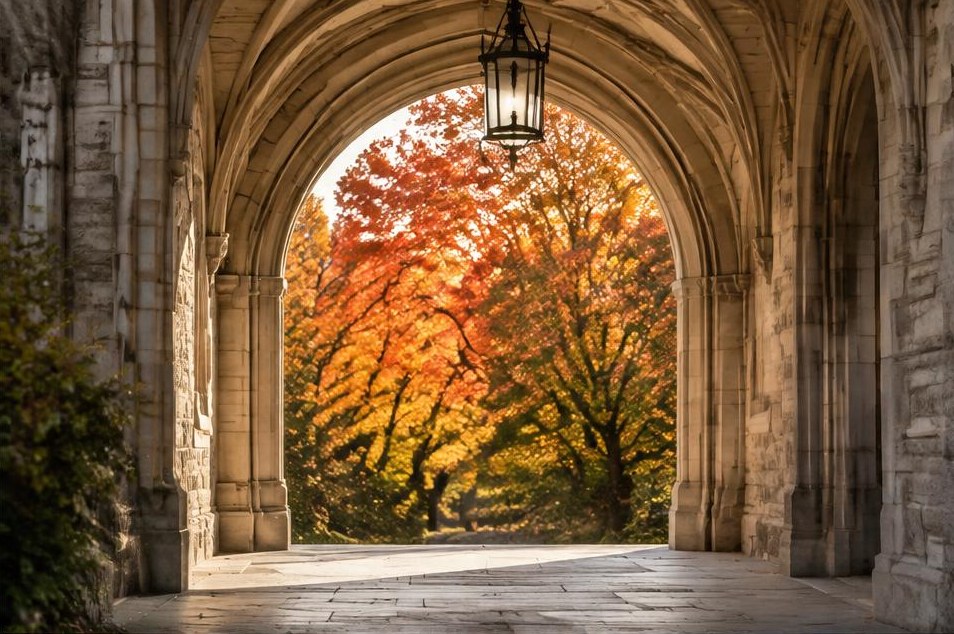 A sunlit stone archway framing bright autumn foliage.