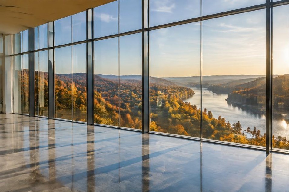 Illustrative sunlit New England architecture with broad windows overlooking autumn hills.